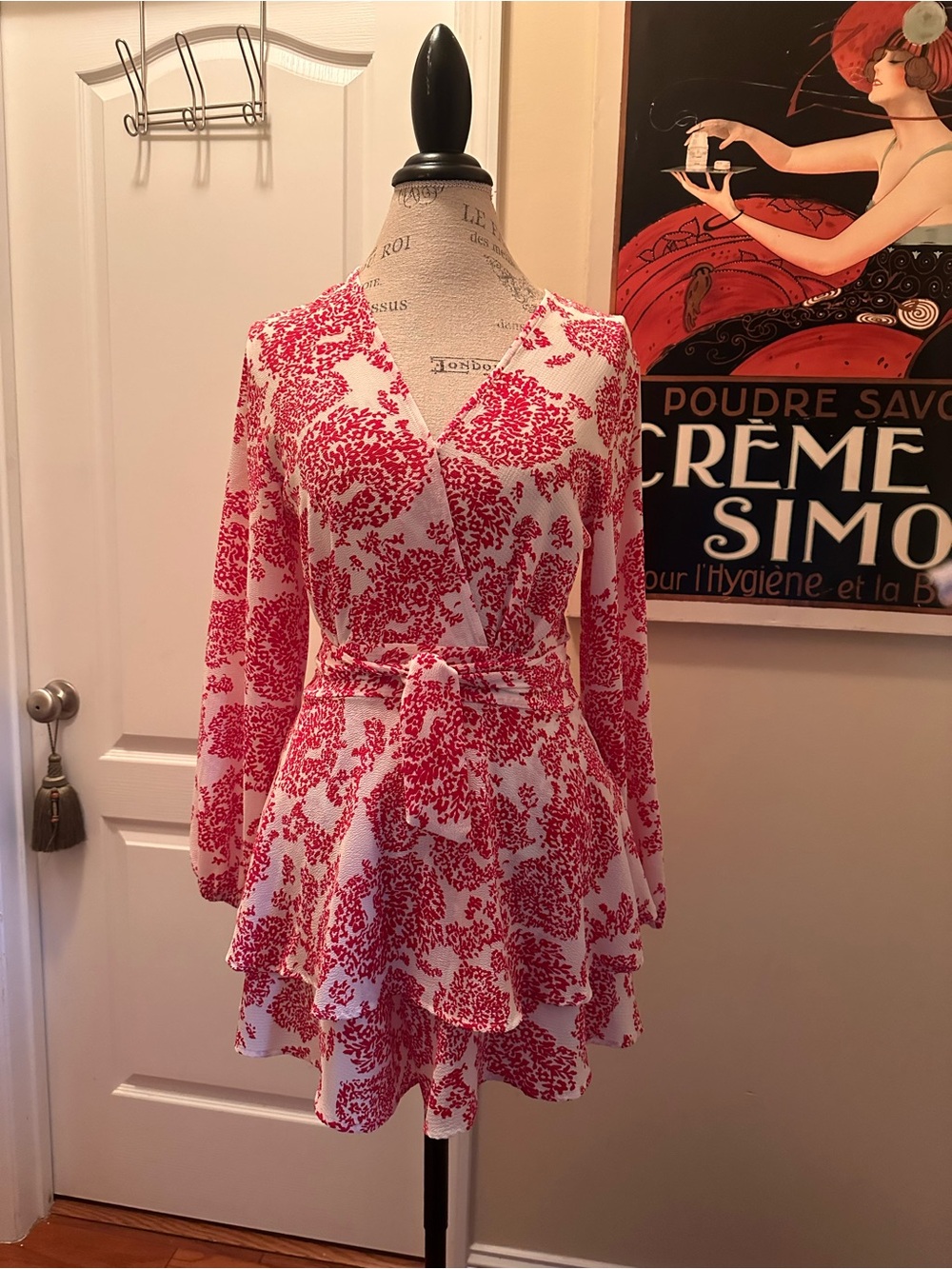 Red Floral Print Long-Sleeve Wrap Dress with Self-Tie Waist